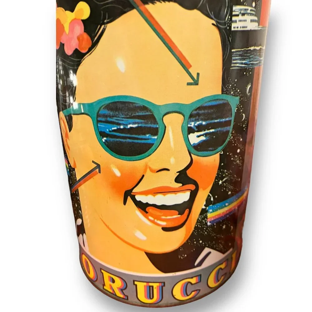 1980s vintage Elio Fiorucci tin metal canister, graphic Memphis style